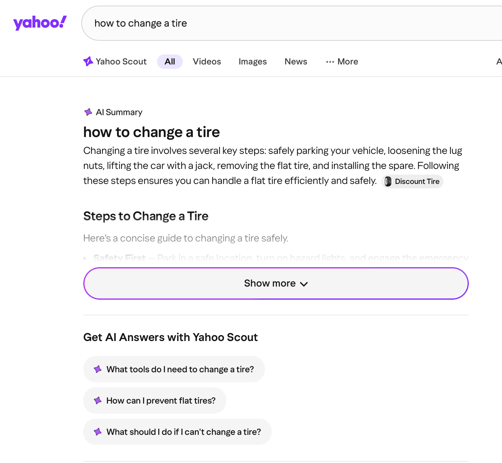 Yahoo Scout AI Summary feature live in Yahoo Search results, showing an AI-generated answer with source attribution and suggested follow-up questions